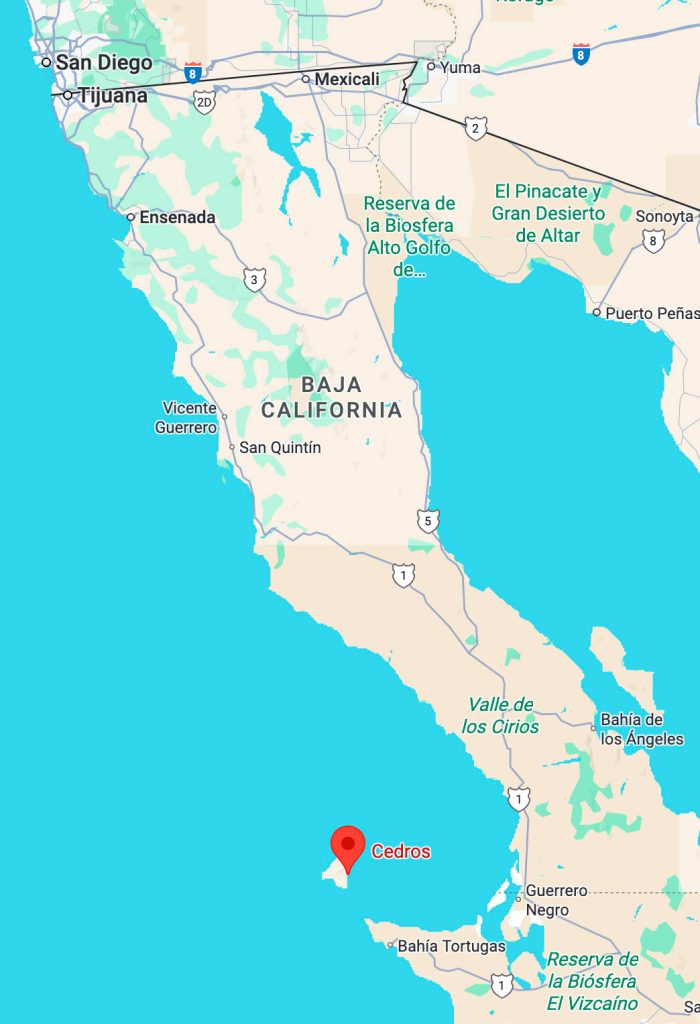 Map showing Cedros Island in relation to Southern California and Northern Baja Mexico.